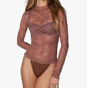 NWOT Sheer Mesh Long Sleeve Layering Top for Women Mock Neck Lace